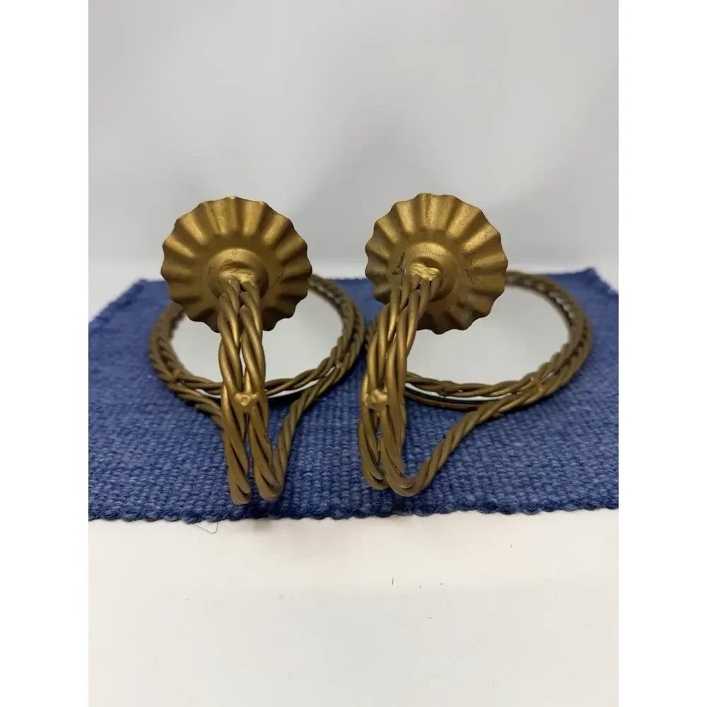 Pair Vintage Gold Tone Oval Mirror Candle Wall Sconces Hollywood Regency Rope
